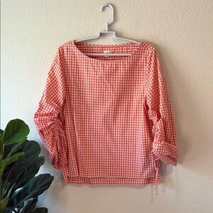 GAP boat neck pink and white Gingham Blouse with drawstring sleeves Medium